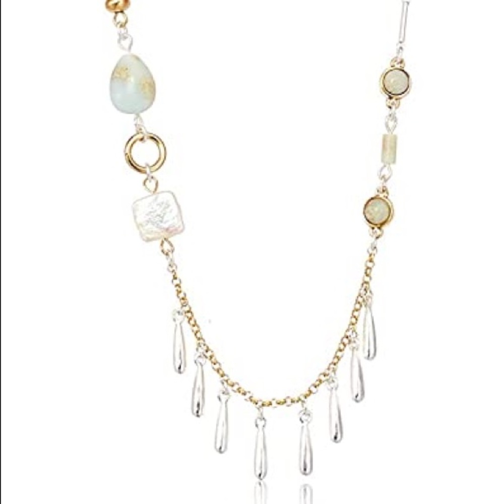 LUCKY BRAND Mother of Pearl & Amazonite Dyed Jade Two-Tone Necklace NWT - Picture 2 of 8